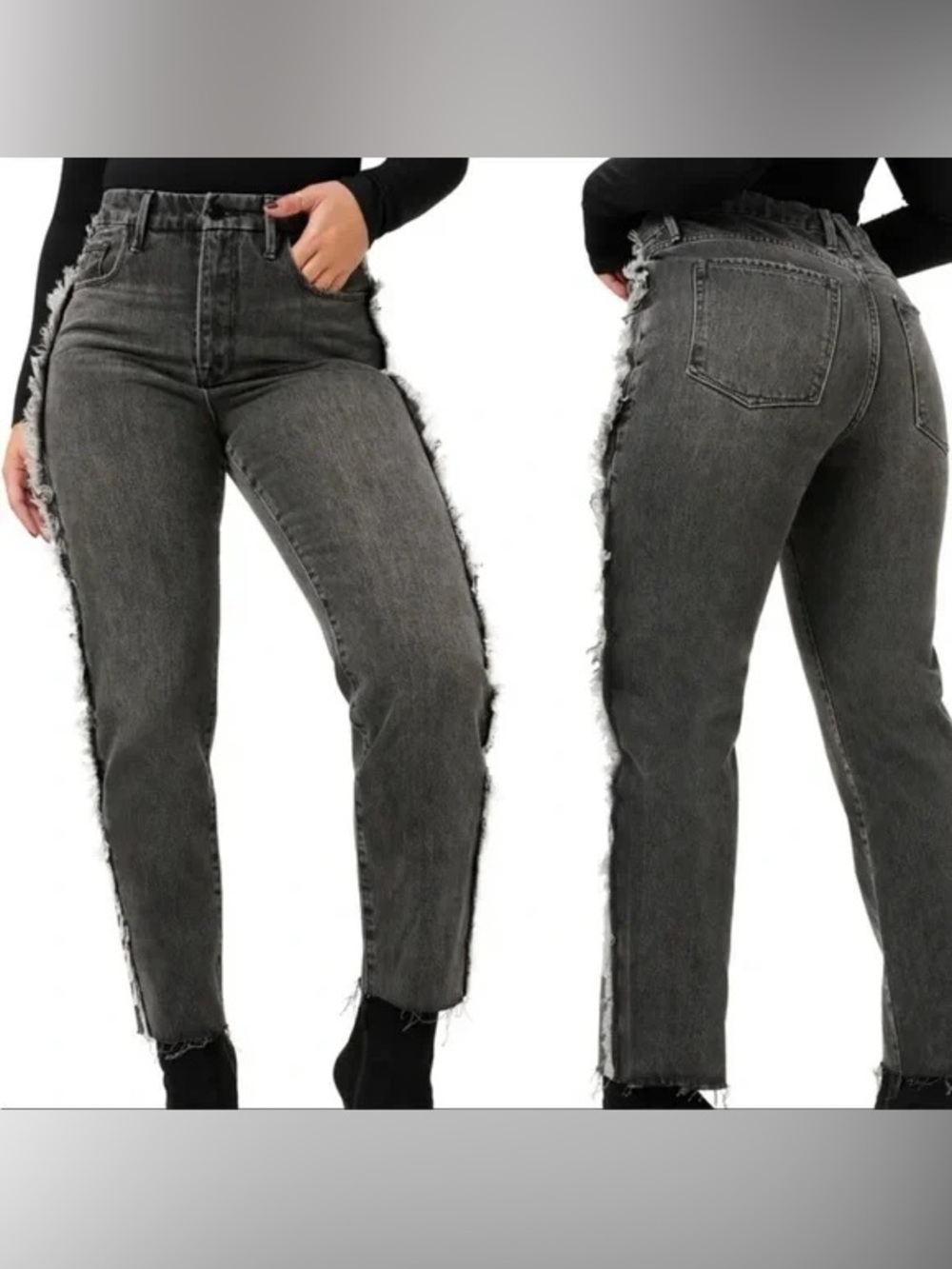 Good American Good Boy Frayed Outseam Washed Black High-Rise Straight Leg Jeans